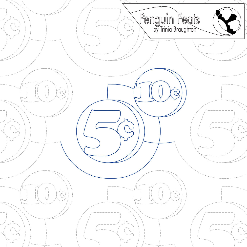 Outline of a five-cent coin with 'Penguin Feats' branding at the top.