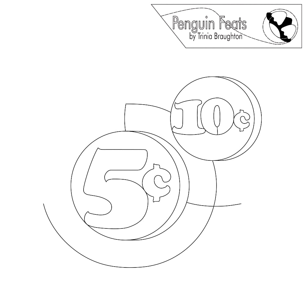 Outline of two coins with '5c' and '10c' values, featuring the 'Penguin Feats' logo.