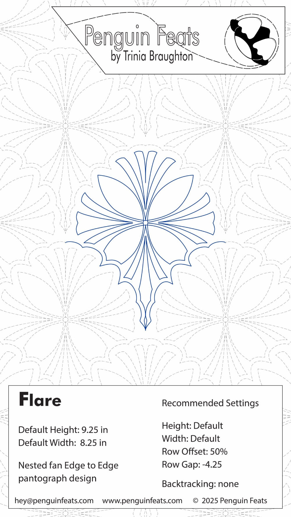Design of a snowflake with technical specifications on a gray background, featuring the brand 'Penguin Feats'.