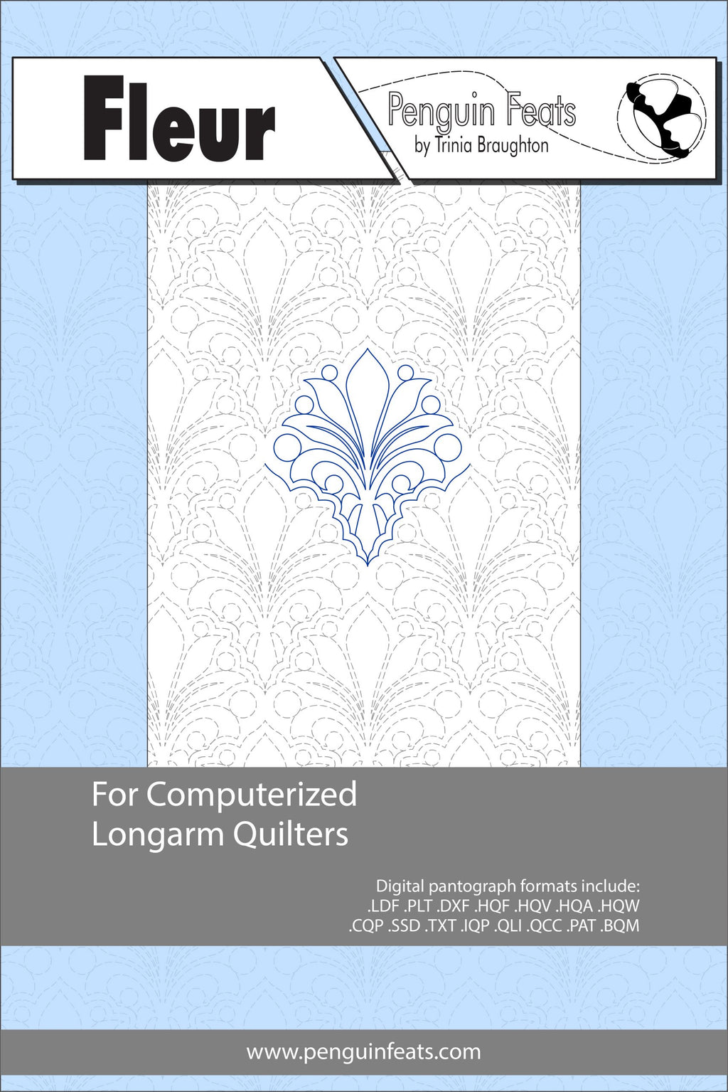 Design pattern for computerized longarm quilters with a blue floral pattern on a light blue background.