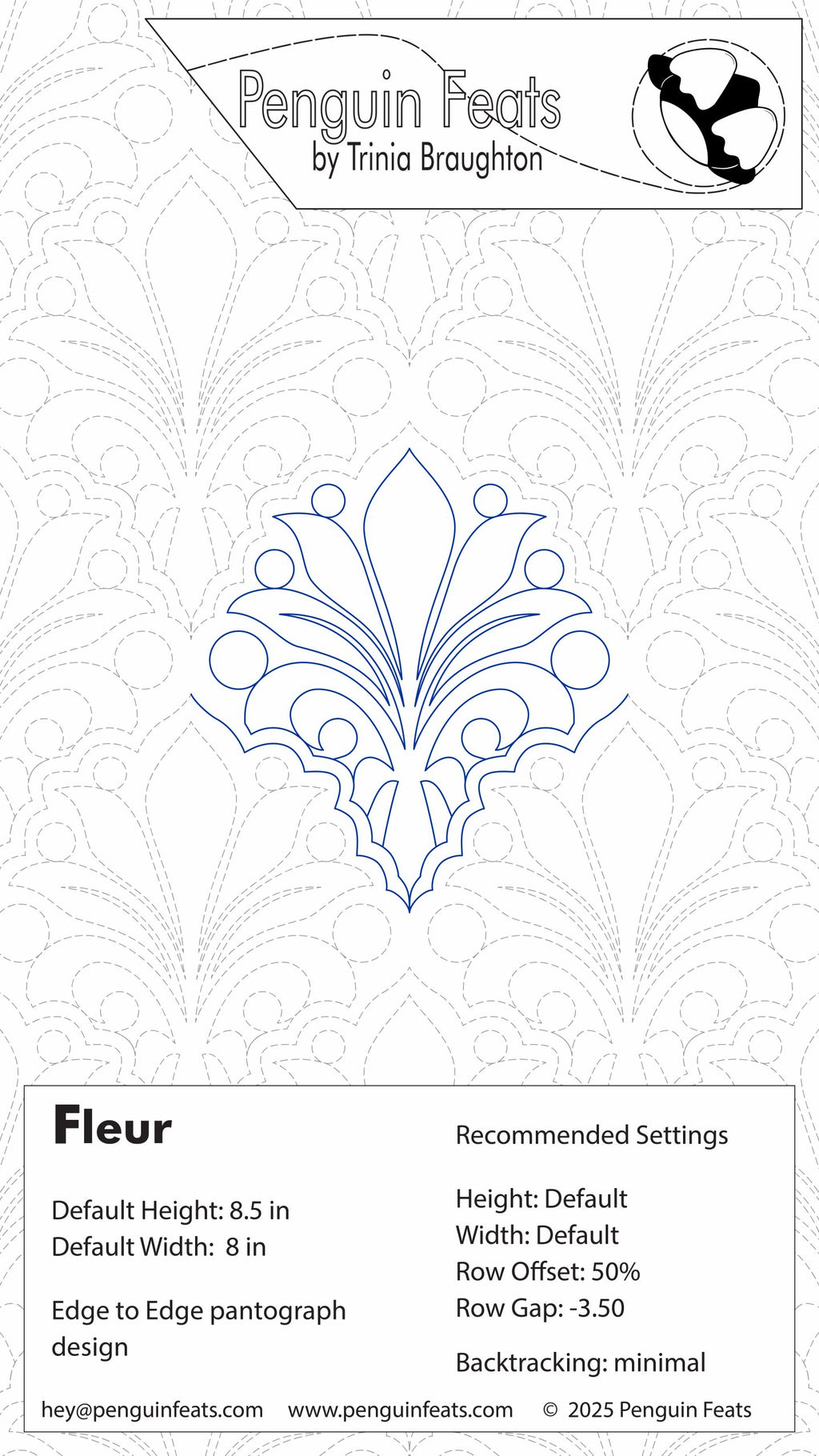 Design card for 'Fleur' pattern by Penguin Feats with decorative elements and branding.