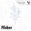 Star-shaped design with 'Flicker' text and 'Penguin Feats' branding on a patterned background.