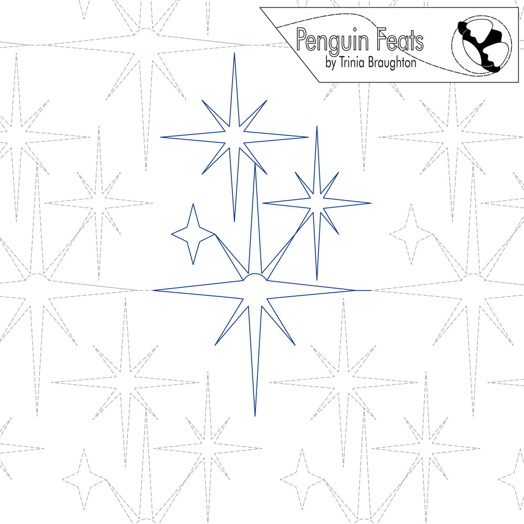 Blue star designs on a white background with 'Penguin Feats' branding.