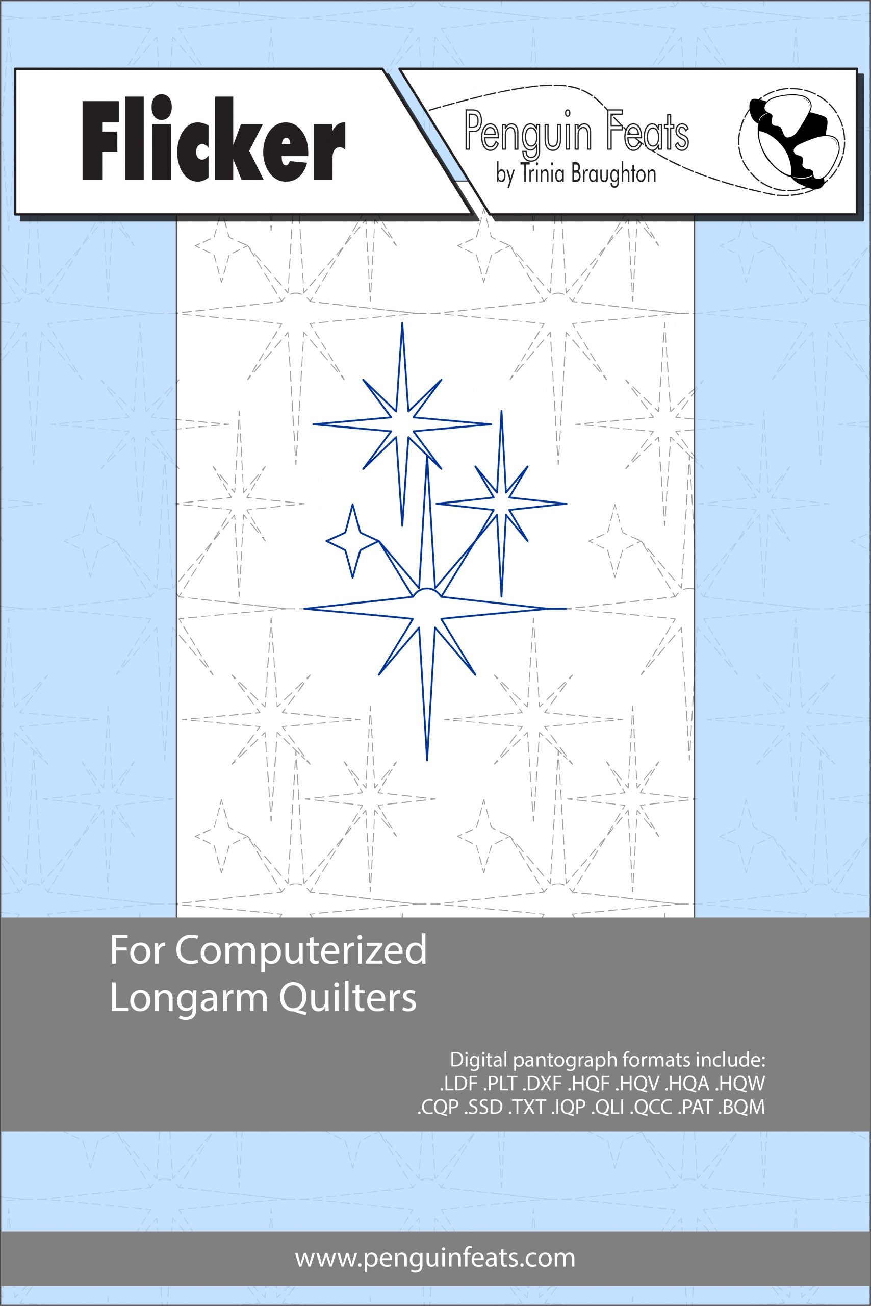 Quilting design sheet titled 'Flicker' by Penguin Feats with star design on a blue background.