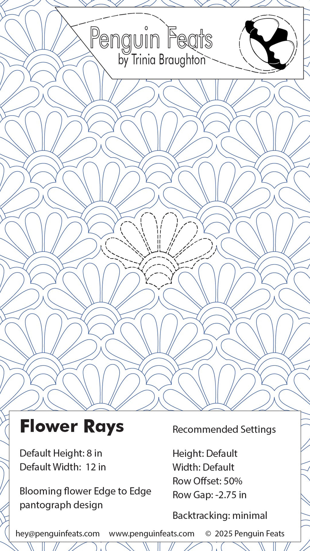Pattern design for 'Flower Rays' by Trinia Braughton with recommended settings on a white background.