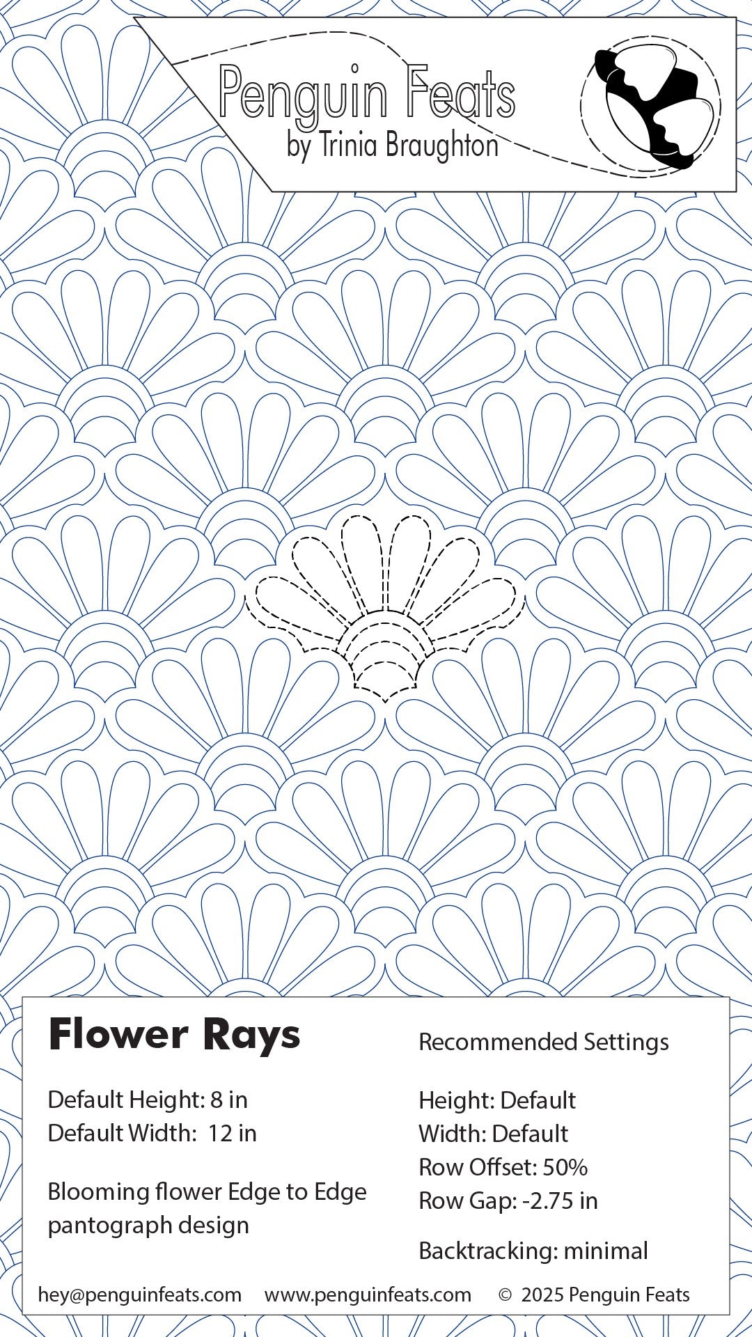 Pattern design for 'Flower Rays' by Trinia Braughton with recommended settings on a white background.