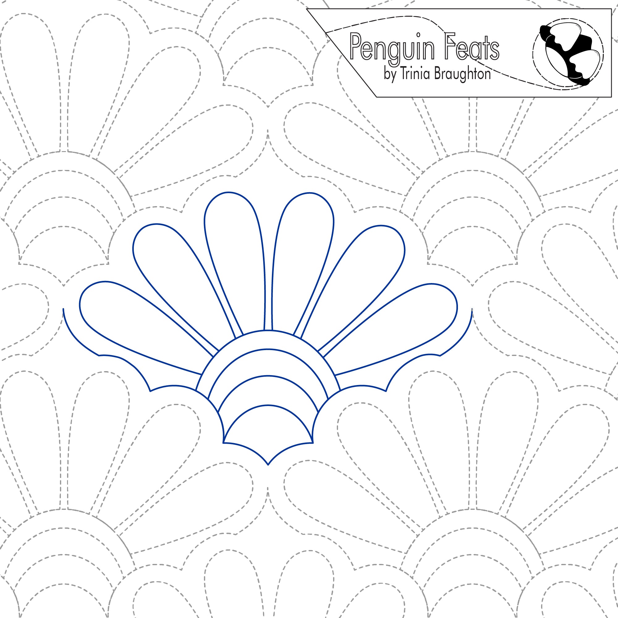 Outline of a repeating flower design on a white background with 'Penguin Feats' branding.
