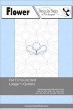 Quilting pattern sheet titled 'Flower' by Penguin Feats with a blue and white design on a light blue background.