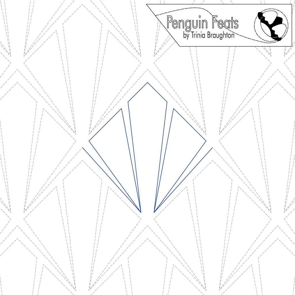 Geometric pattern with a blue diamond shape on a white background, featuring the text 'Penguin Feats by Trinia Braughton'.
