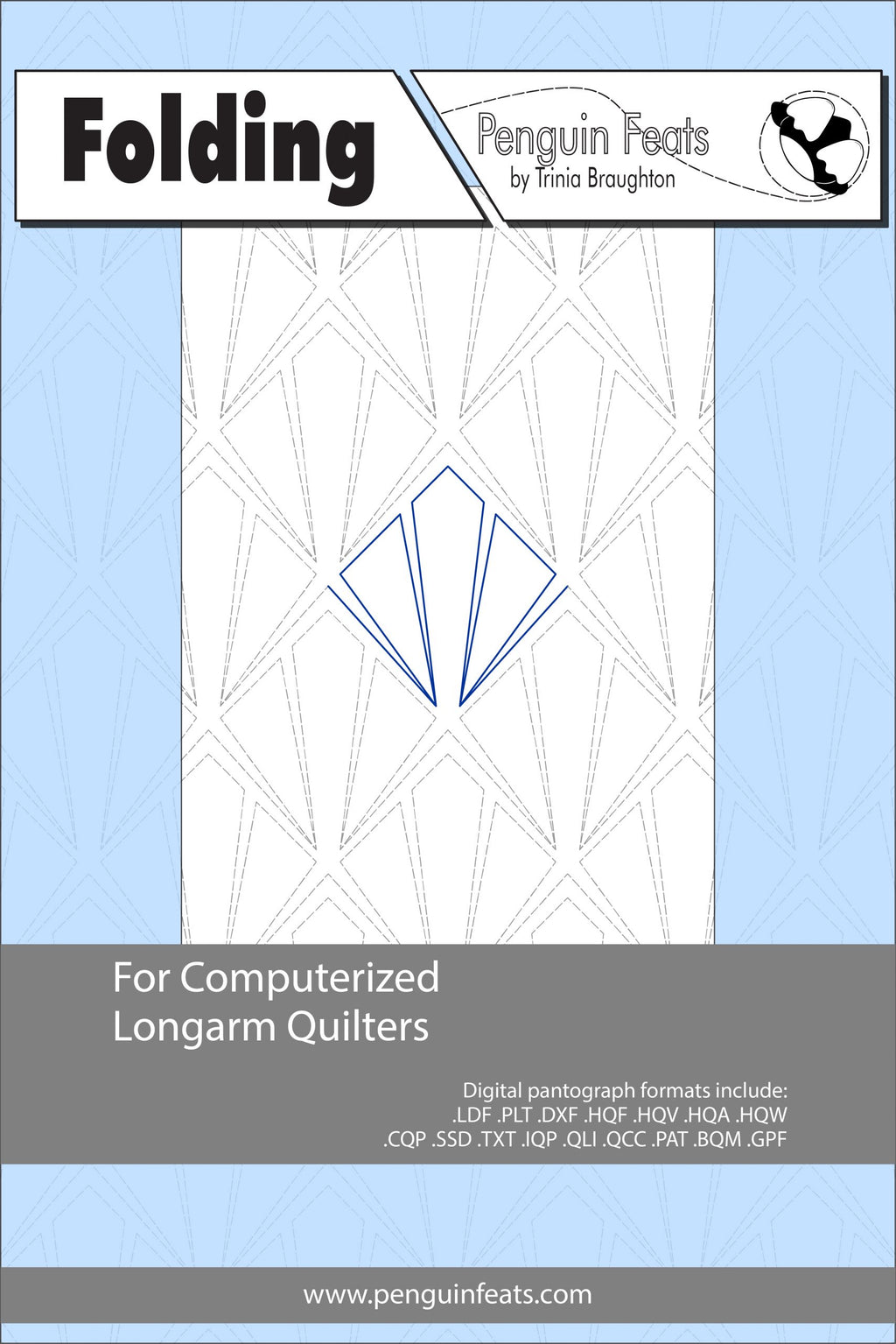 Quilting sheet titled 'Folding' by Trinia Braughton with geometric design on a light blue background.