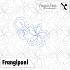 Design of a frangipani flower with floral patterns on a white background, featuring the brand 'Penguin Feats' by Trinia Braughton.