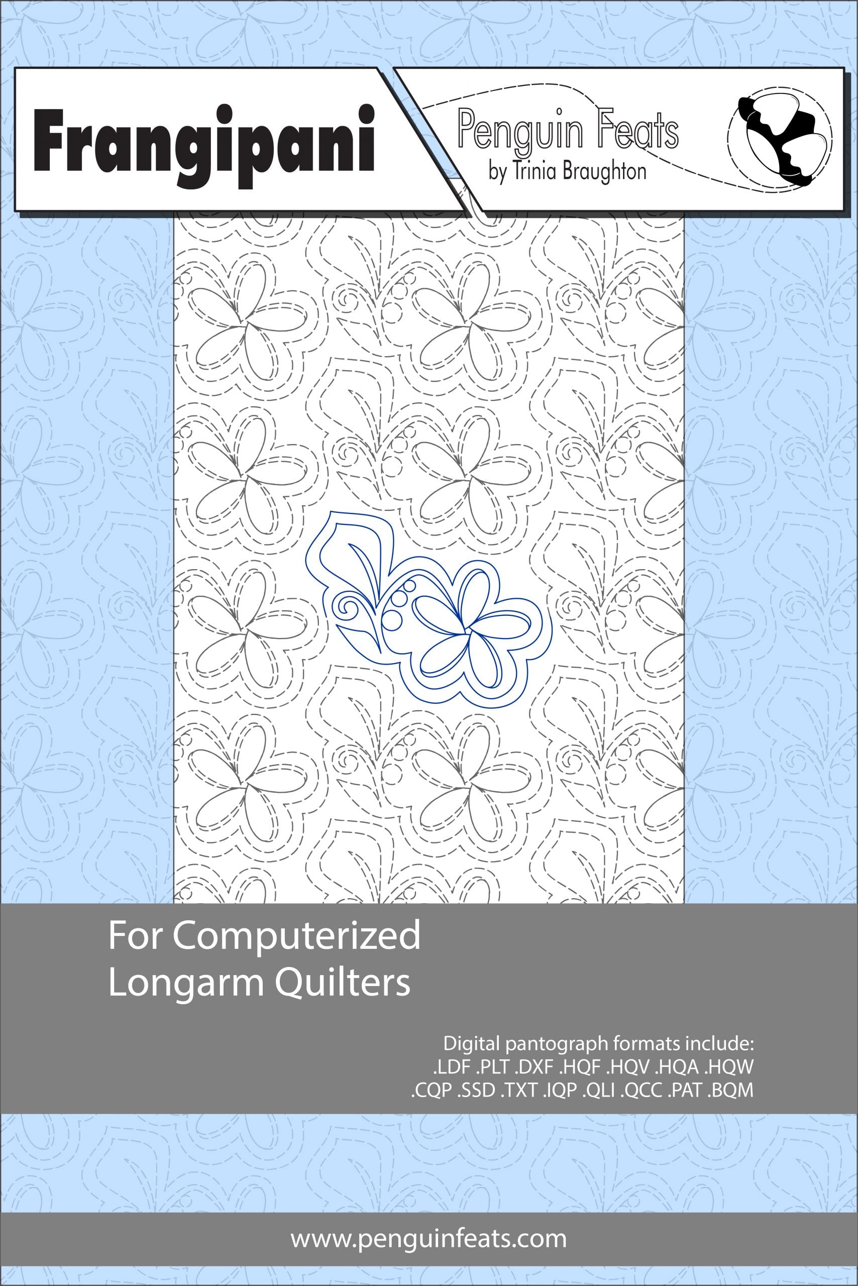 Pattern sheet for computerized longarm quilters with floral design and branding.