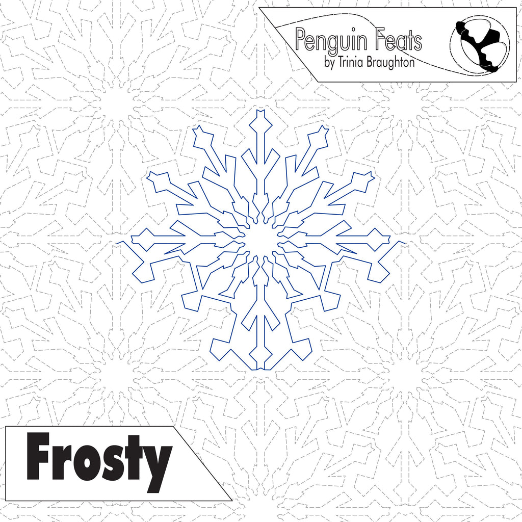 Design of a snowflake with 'Frosty' and 'Penguin Feats' text on a white background