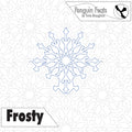 Design of a snowflake with 'Frosty' and 'Penguin Feats' text on a white background