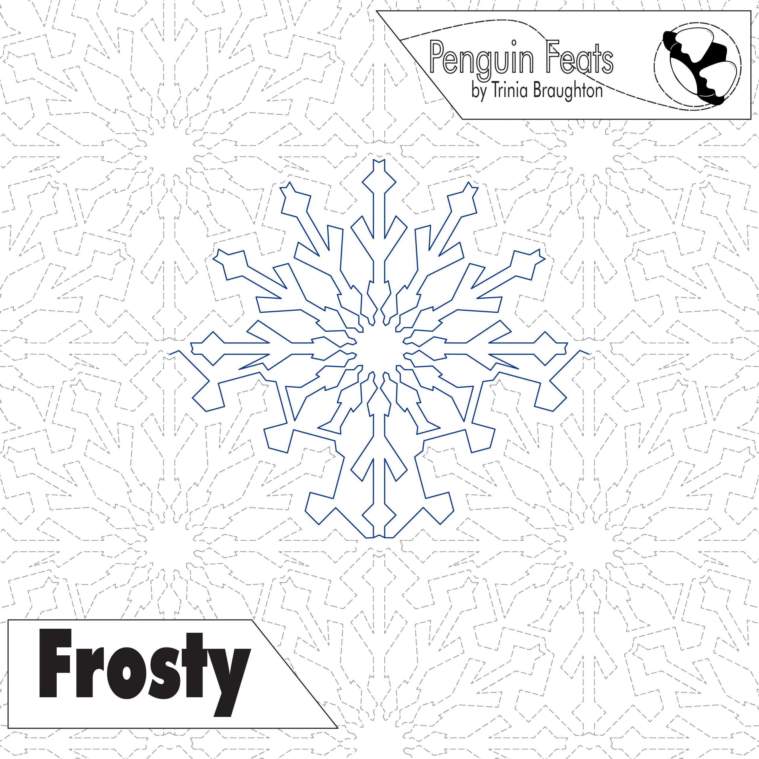 Design of a snowflake with 'Frosty' and 'Penguin Feats' text on a white background