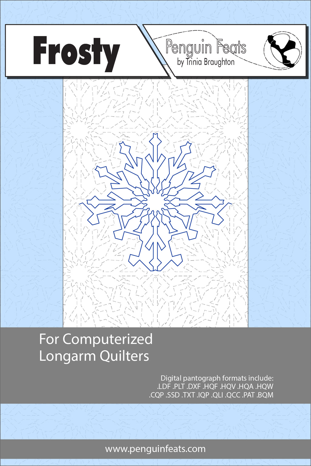 Design for computerized longarm quilters with a snowflake pattern on a light blue background.
