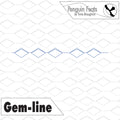 Quilting design with 'Gem-line' on a quilt background, featuring the brand 'Penguin Feats'.