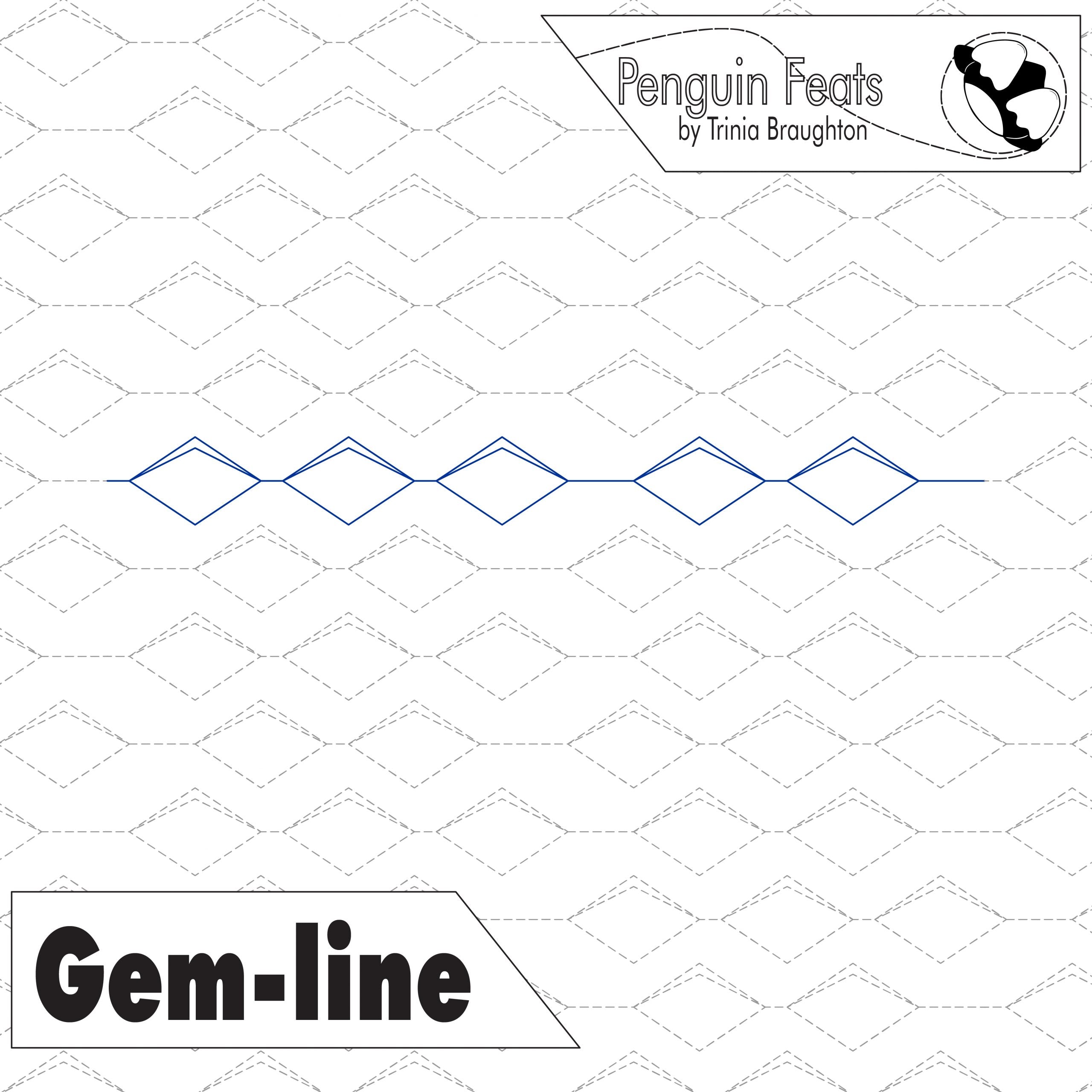 Quilting design with 'Gem-line' on a quilt background, featuring the brand 'Penguin Feats'.