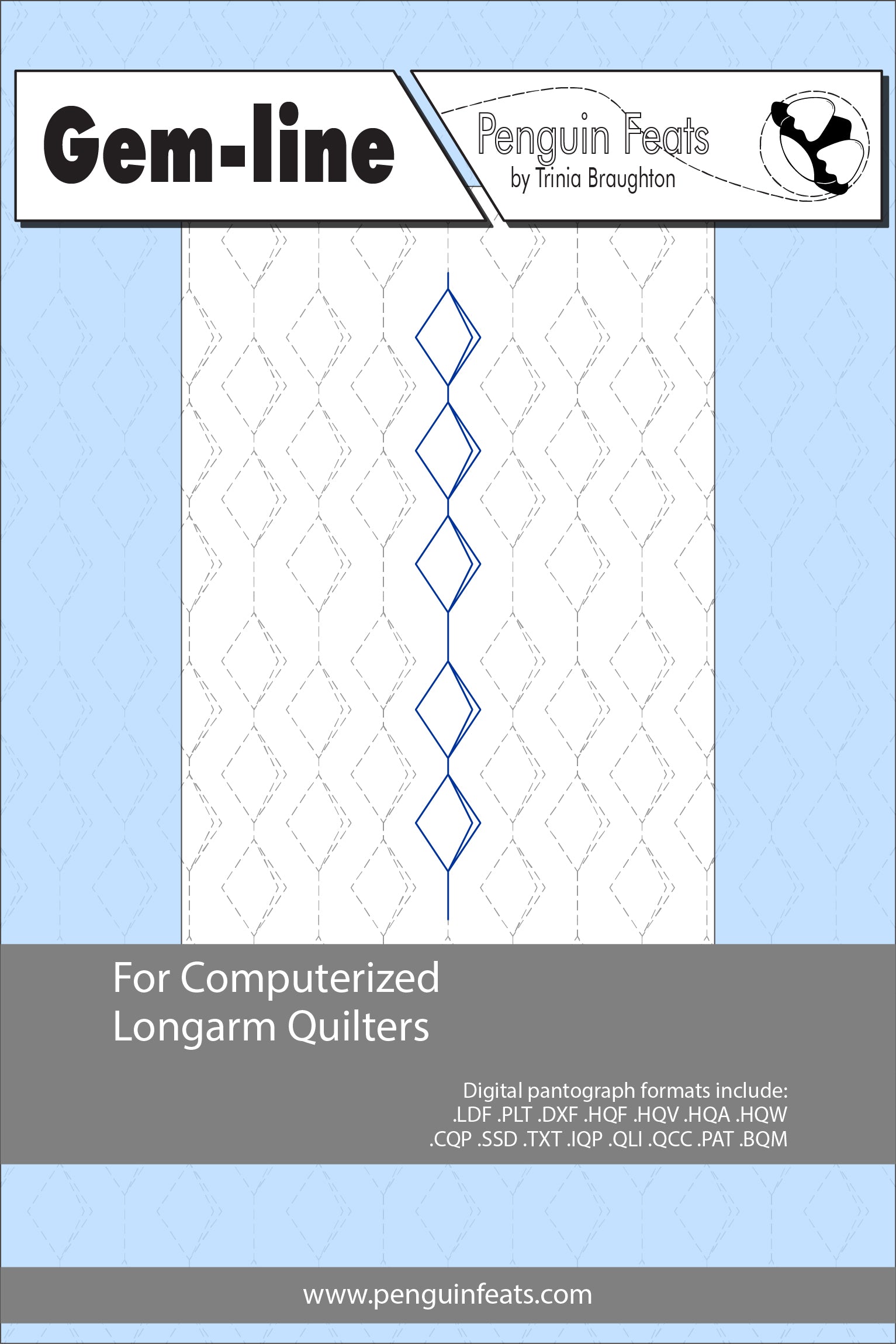 Quilting pattern sheet titled 'Gem-line' by Penguin Feats on a blue background.
