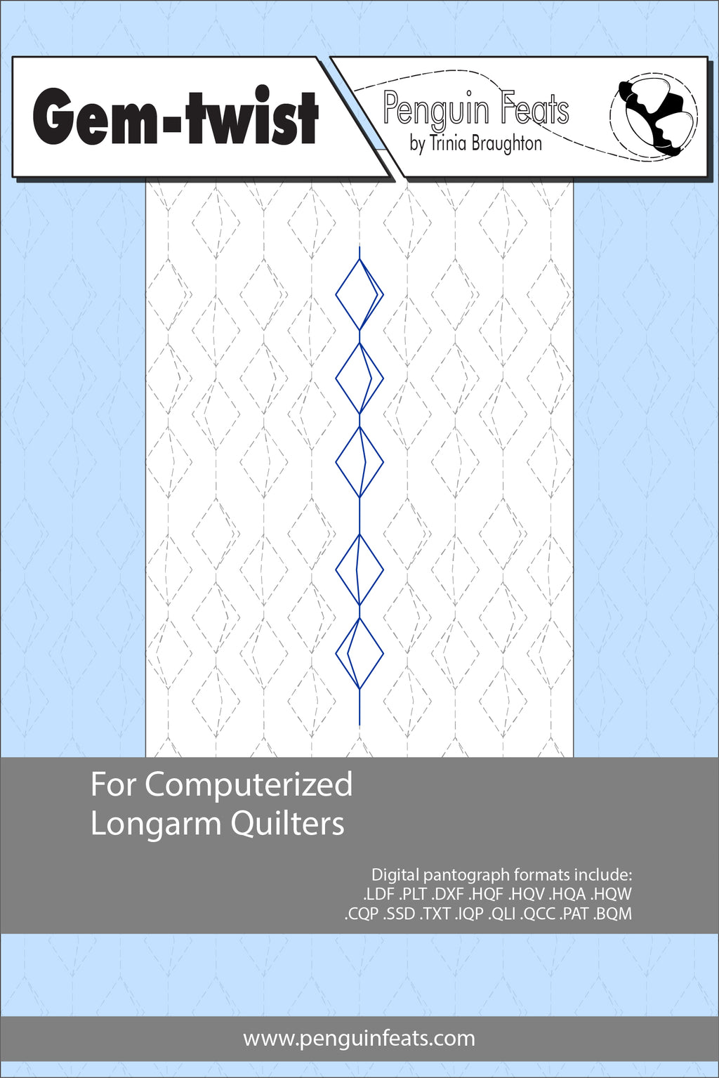 Pattern sheet for computerized longarm quilters with a blue and gray design on a light blue background.