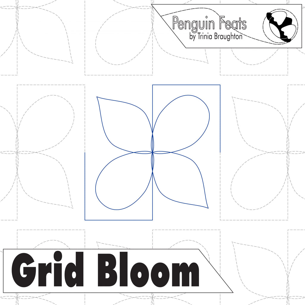 Design pattern with 'Grid Bloom' and 'Penguin Feats' branding on a white background