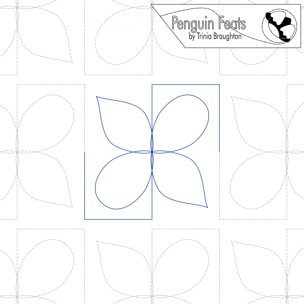 Quilt block design with penguin illustration and 'Penguin Feats' branding.