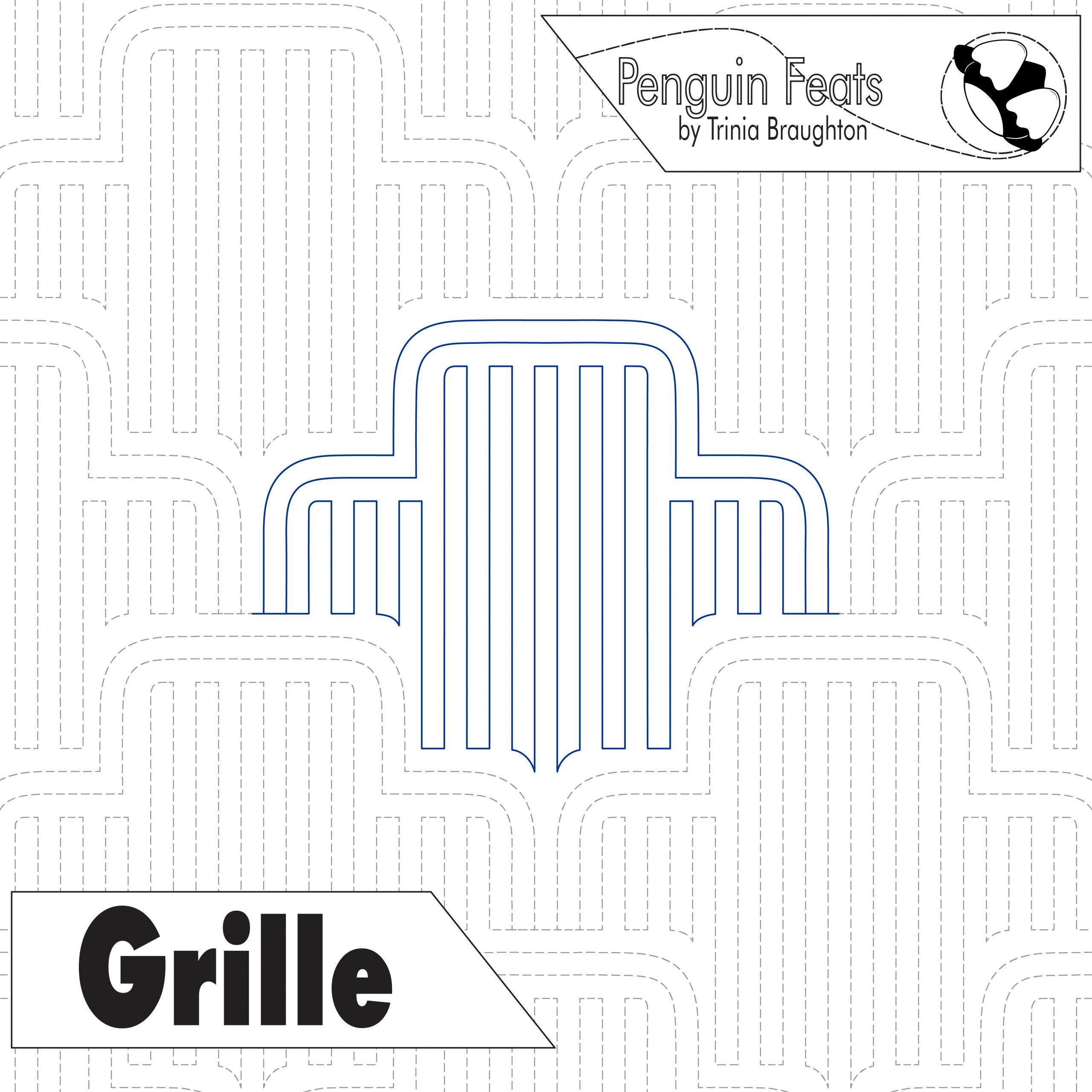 Grille design with 'Penguin Feats' branding on a white background