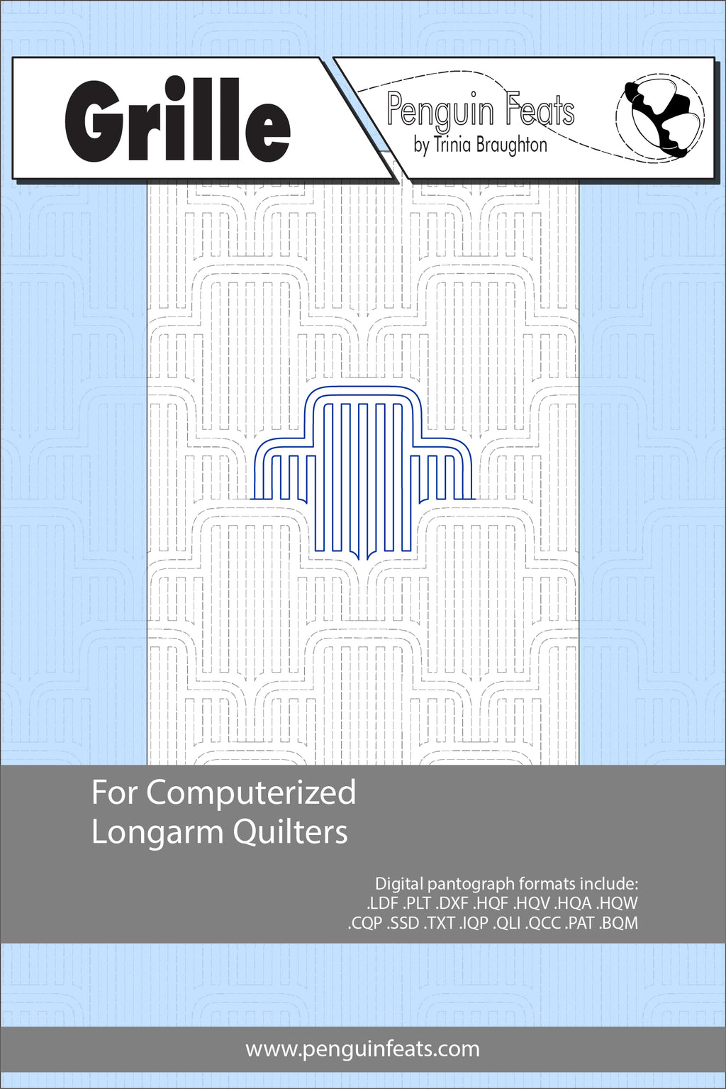 Design sheet of Grille  for computerized longarm quilters with a blue and gray background