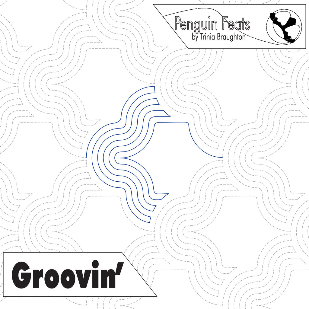 Continuous line design of wavy echoing lines and text 'Penguin Feats' and 'Groovin'' on a white background