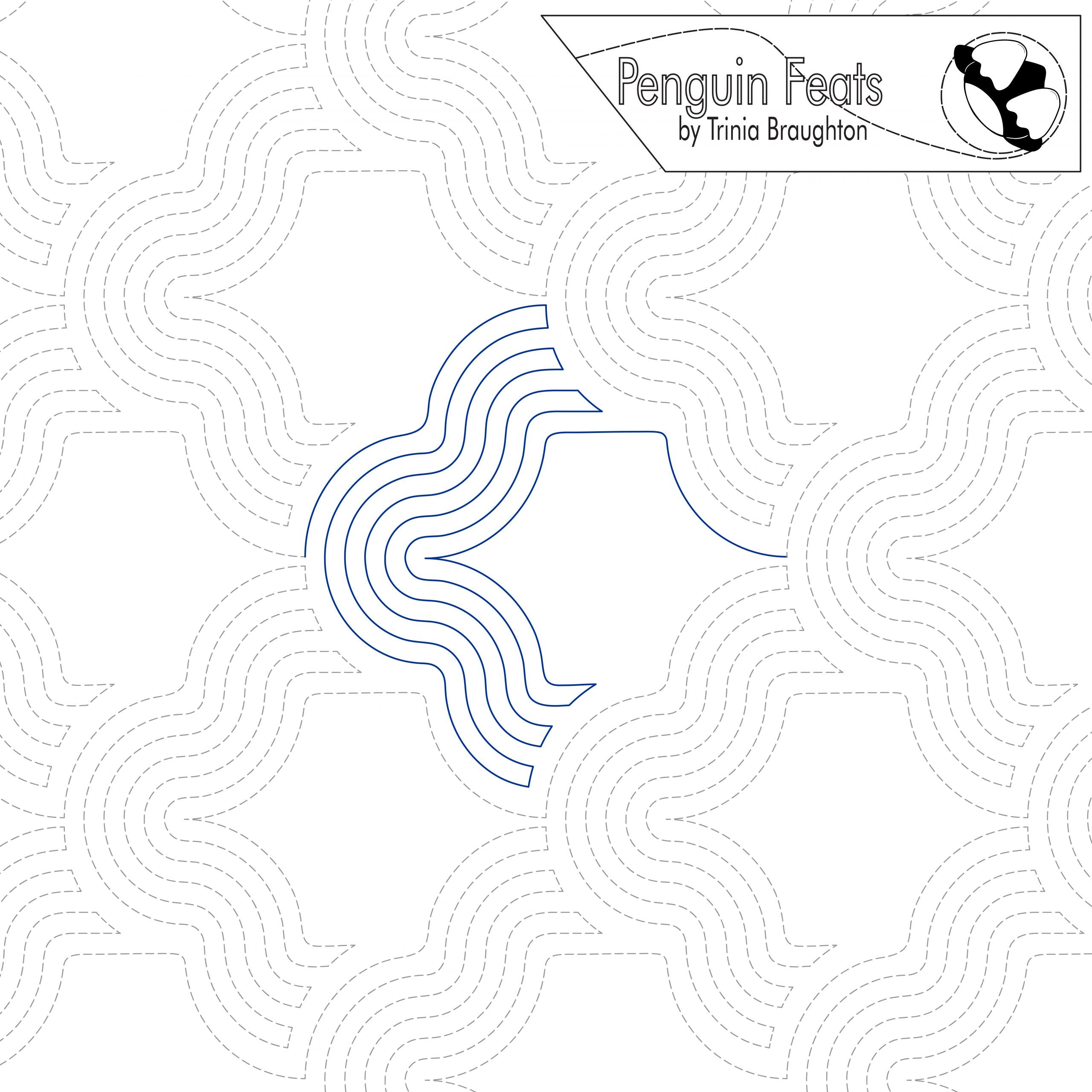 Repeating design of wavy lines and 'Penguin Feats' text by Trinia Braughton