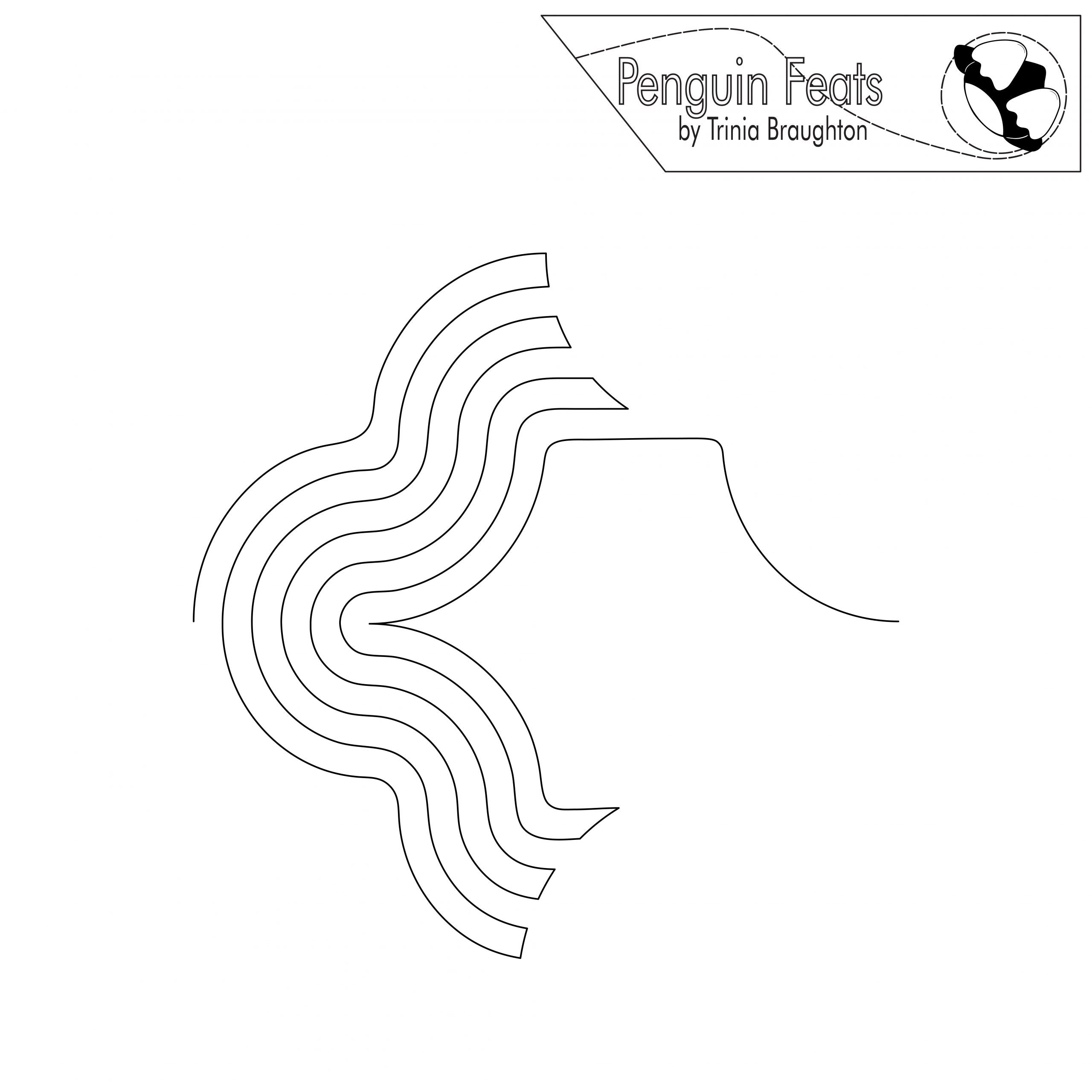 Continuous line design of echoing waves with 'Penguin Feats by Trinia Braughton' logo at the top.