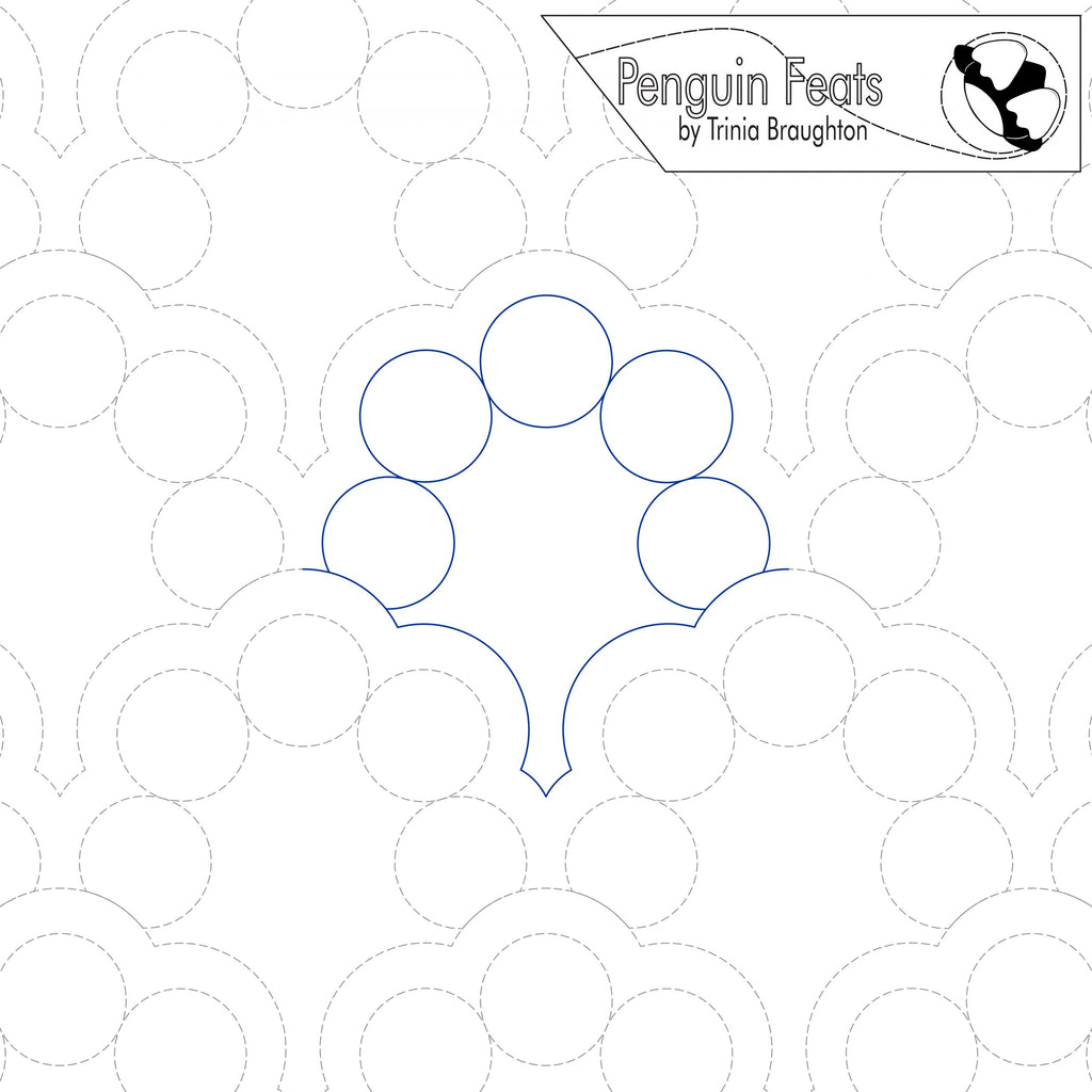 Pattern of overlapping circles with a blue outline on a white background, featuring the brand 'Penguin Feats' by Trinia Braughton.