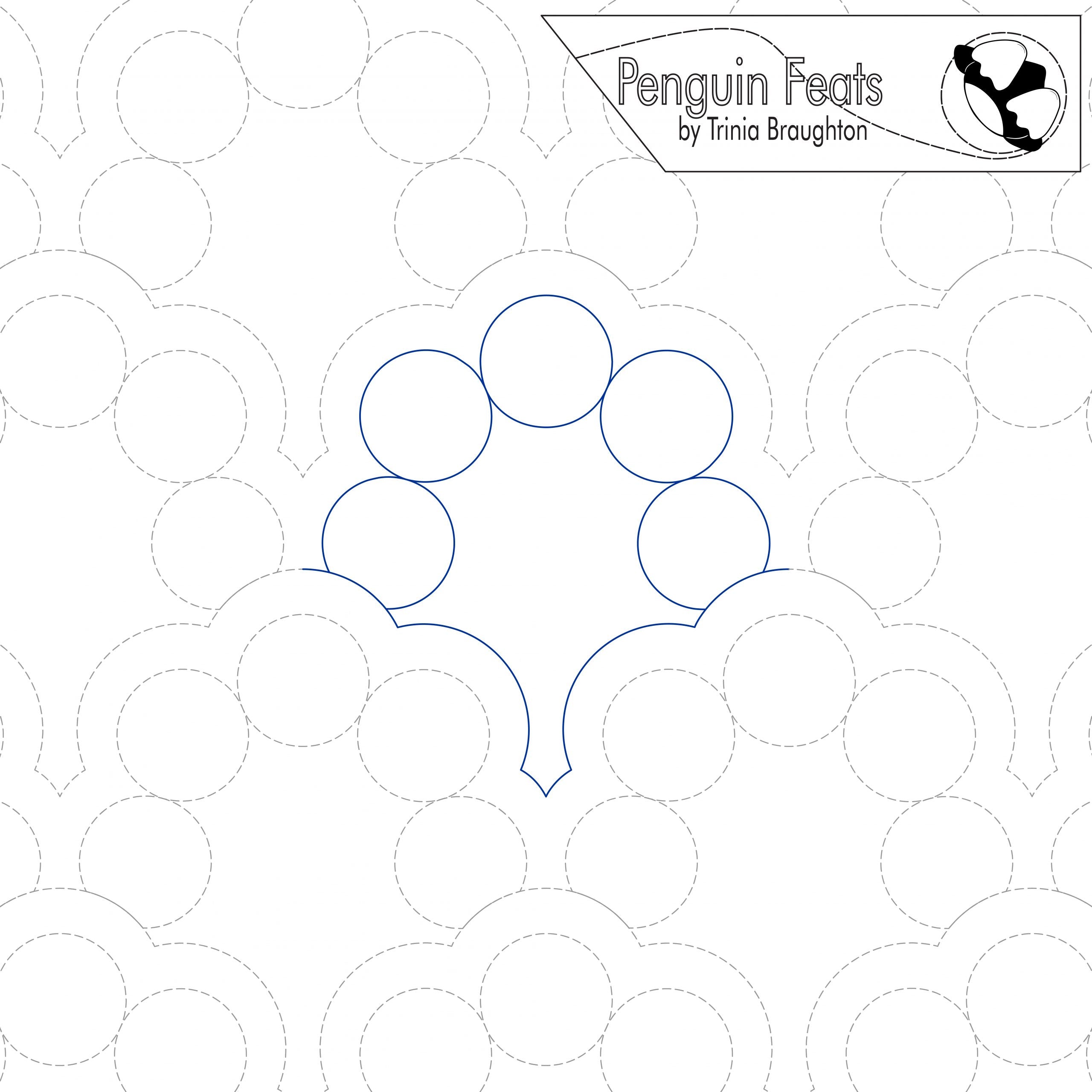 Pattern of overlapping circles with a blue outline on a white background, featuring the brand 'Penguin Feats' by Trinia Braughton.