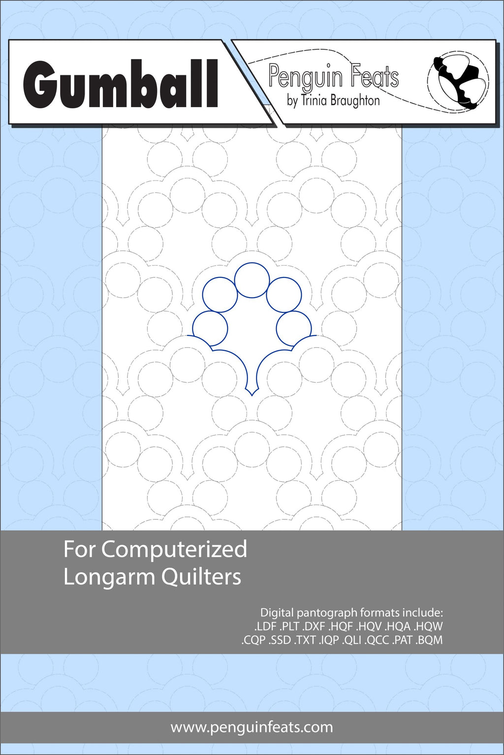 Gumball pattern sheet for computerized longarm quilters with a blue and gray design on a white background.