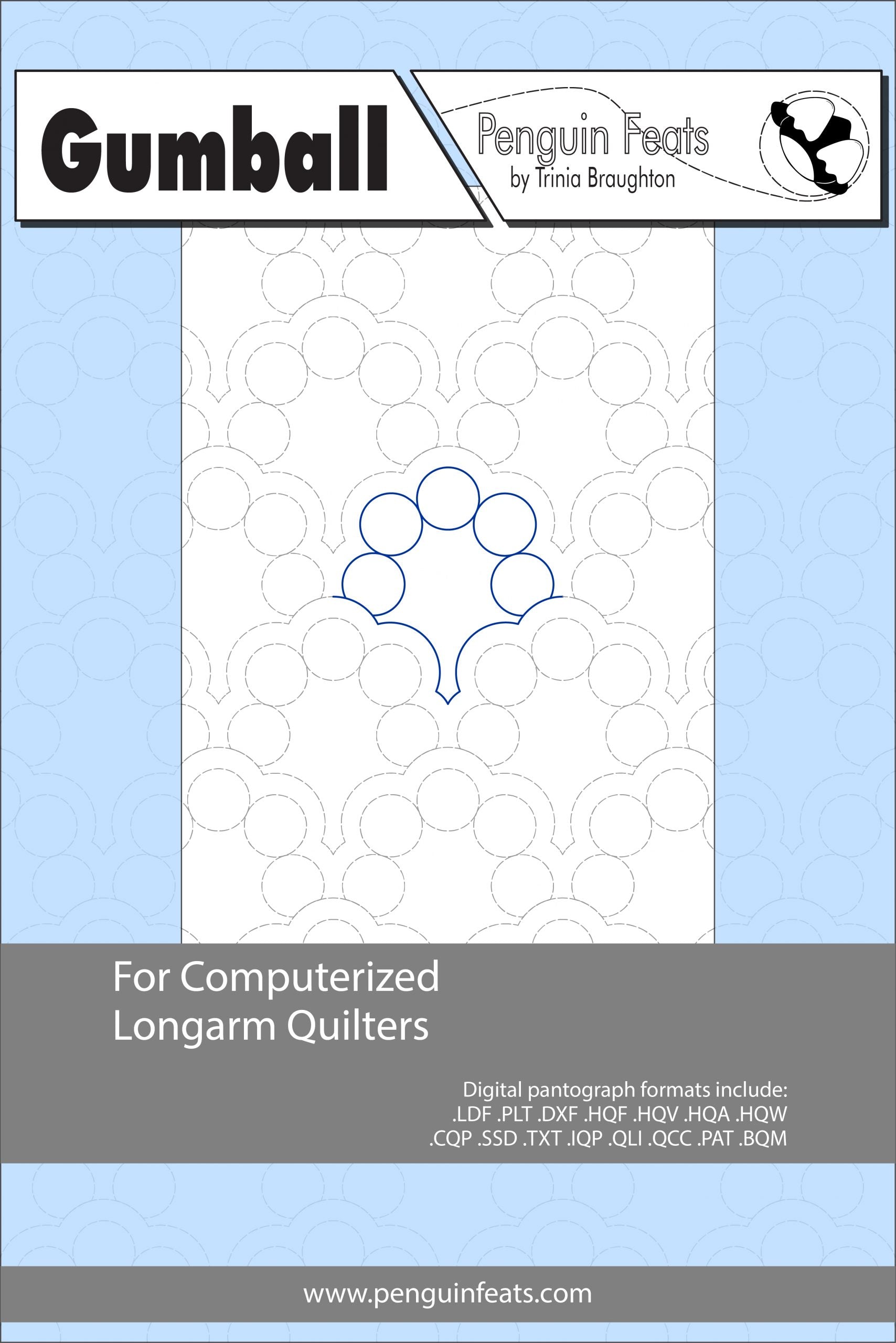 Gumball pattern sheet for computerized longarm quilters with a blue and gray design on a white background.