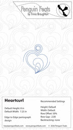 Quilting design settings for Heartcurl  repeating heart and swirl design with text and branding on a white background