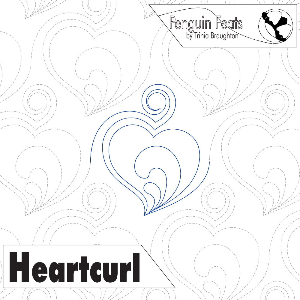 Design of a heart-shaped pattern with 'Penguin Feats' branding and 'Heartcurl' text.