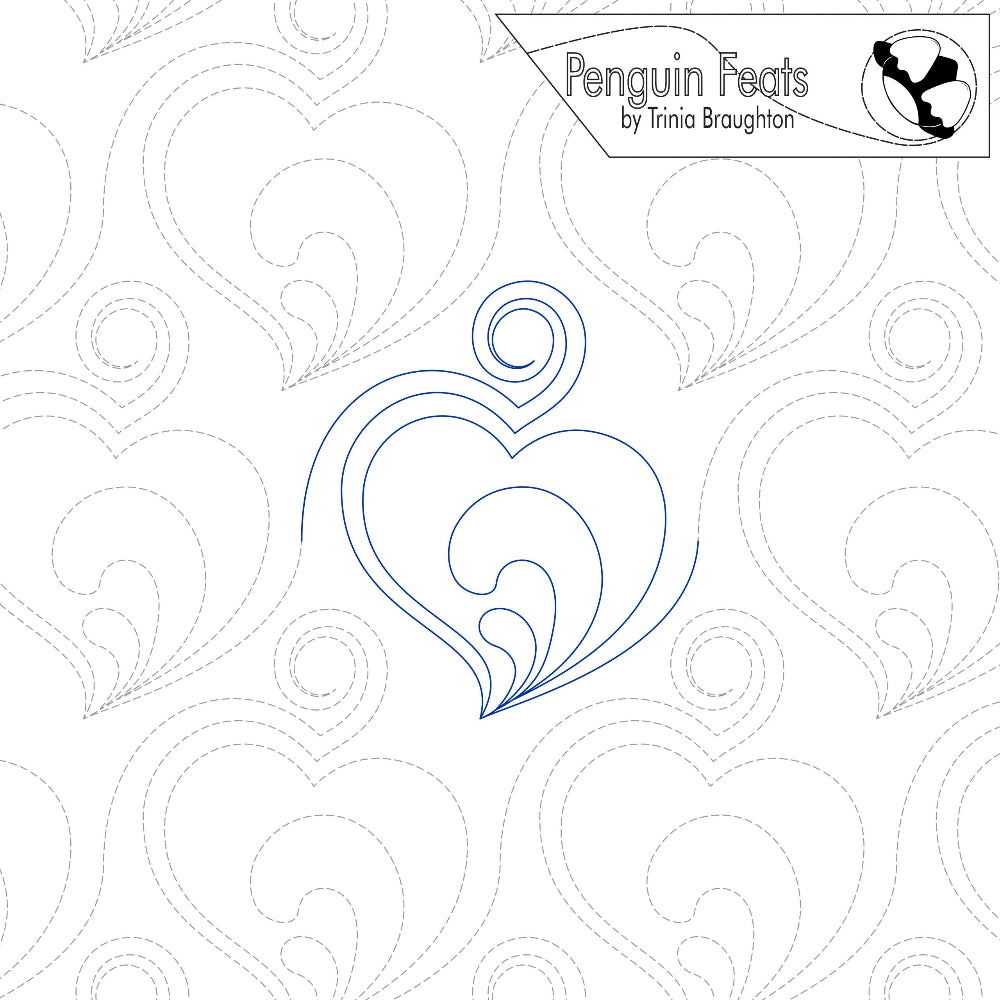 Quilting design with heart shapes and 'Penguin Feats' branding.