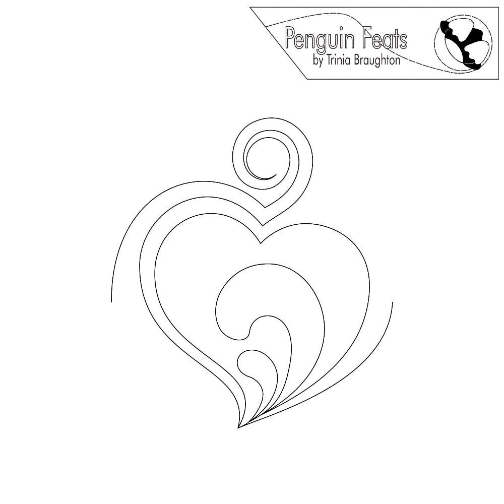Heart-shaped design with swirling patterns on a white background, featuring the 'Penguin Feats' logo.