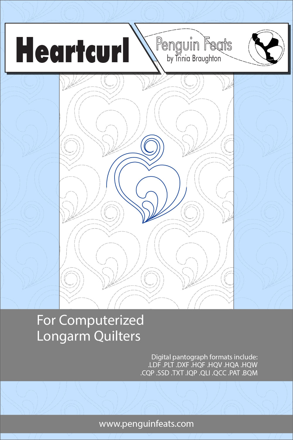 Heartcurl pattern sheet for computerized longarm quilters with a blue and white design on a light blue background.