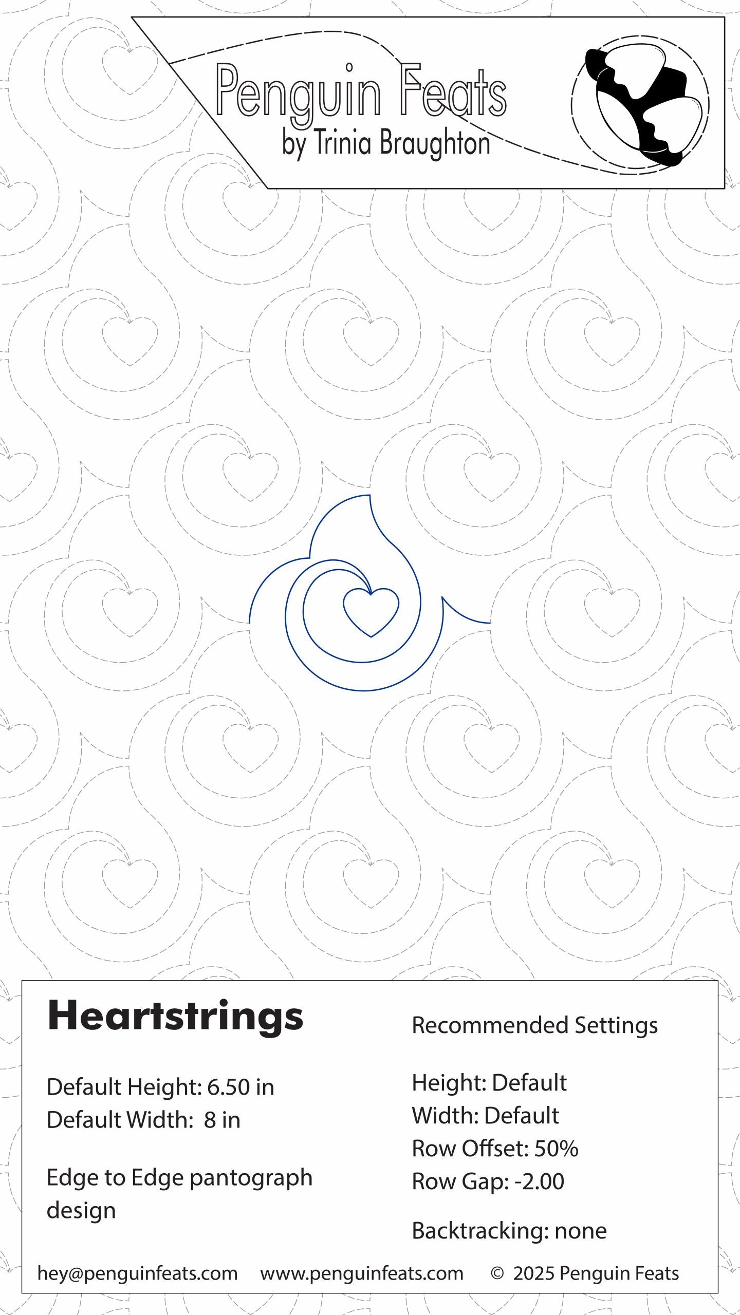 Design settings sheet with 'Penguin Feats' branding and design specifications on a white background