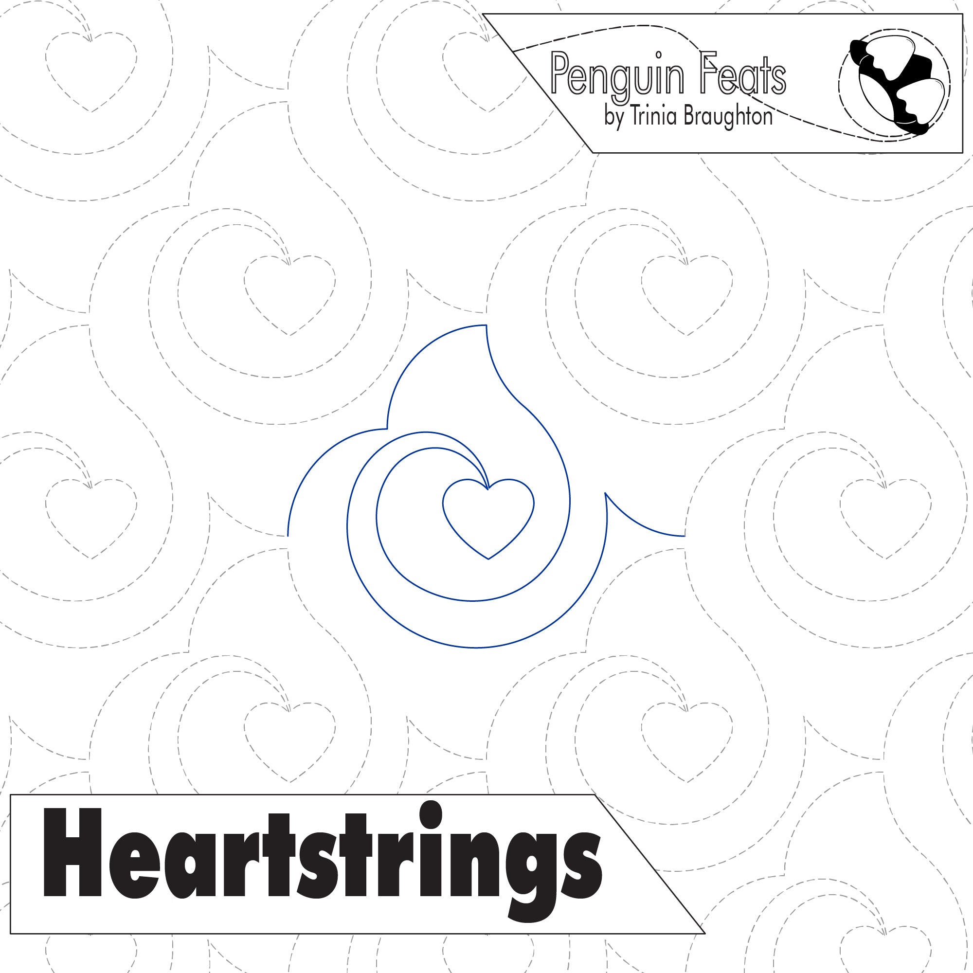 Pattern of hearts and circles with 'Penguin Feats' and 'Heartstrings' text on a white background.