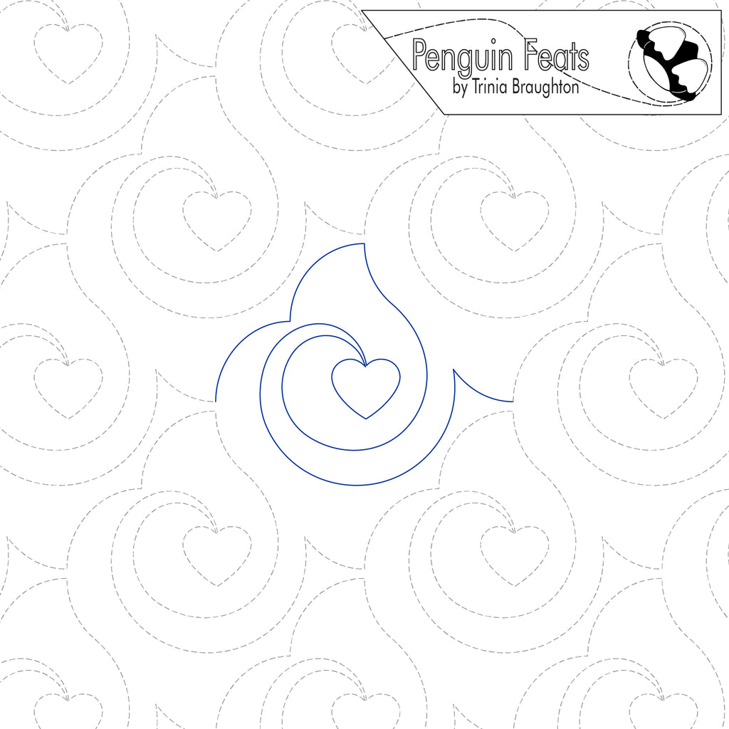 Design with concentric circles and heart shapes, featuring the brand 'Penguin Feats' by Trinia Braughton.