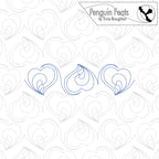 Patterned background with blue heart shapes and 'Penguin Feats' branding.