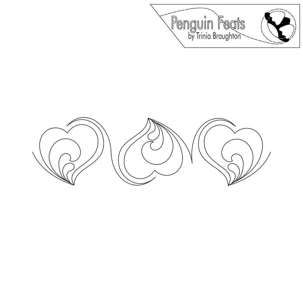 Three stylized heart shapes with a logo for 'Penguin Feats' by Trinia Braughton at the top.