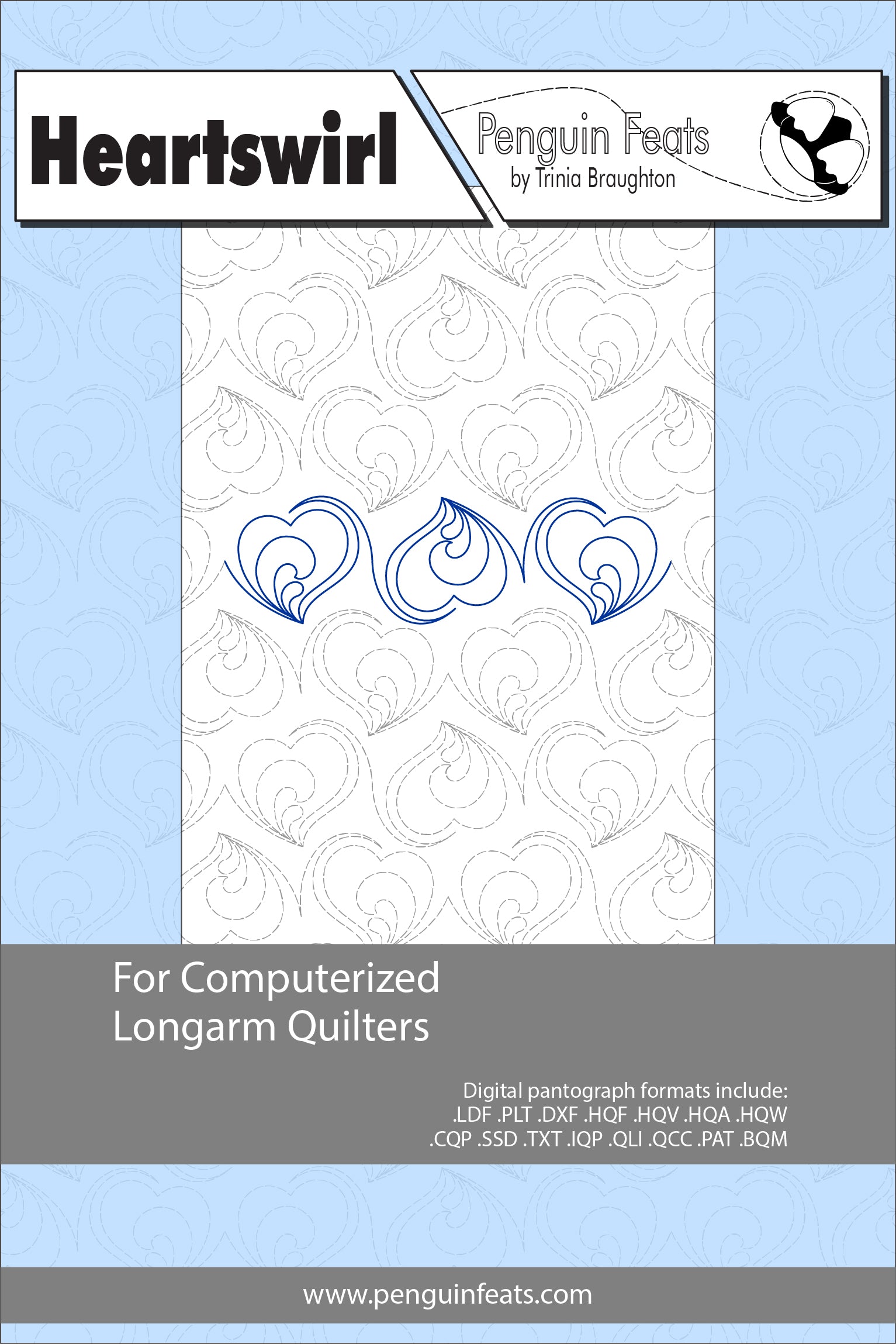 Heartswirl pattern sheet for computerized longarm quilters with blue and white design on a light blue background.