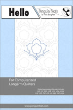 Quilting design info sheet  with flower design and branding on a light blue background