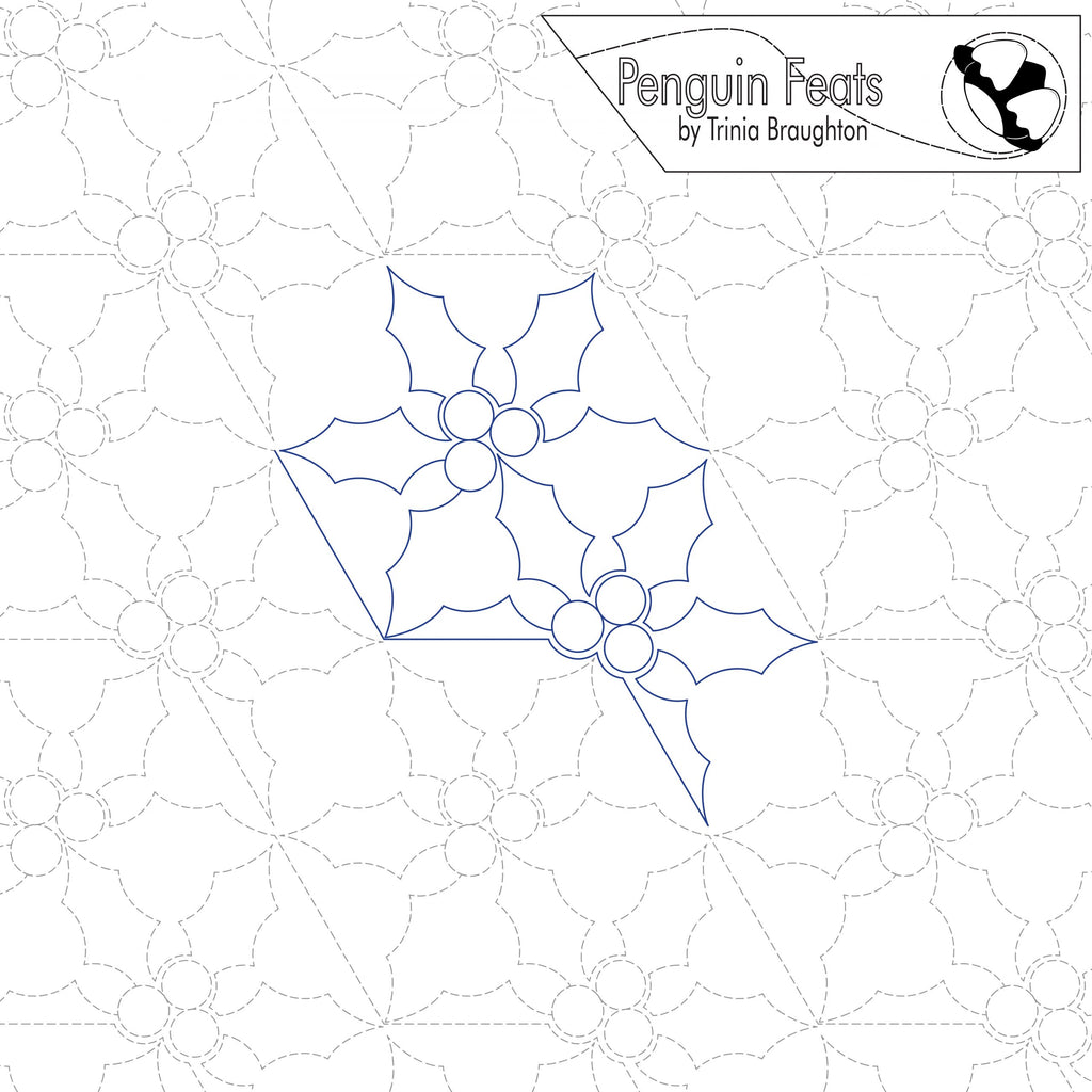 Outline of a holly leaves with berries on a geometric patterned background with 'Penguin Feats' branding.