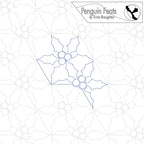 Outline of a holly leaves with berries on a geometric patterned background with 'Penguin Feats' branding.