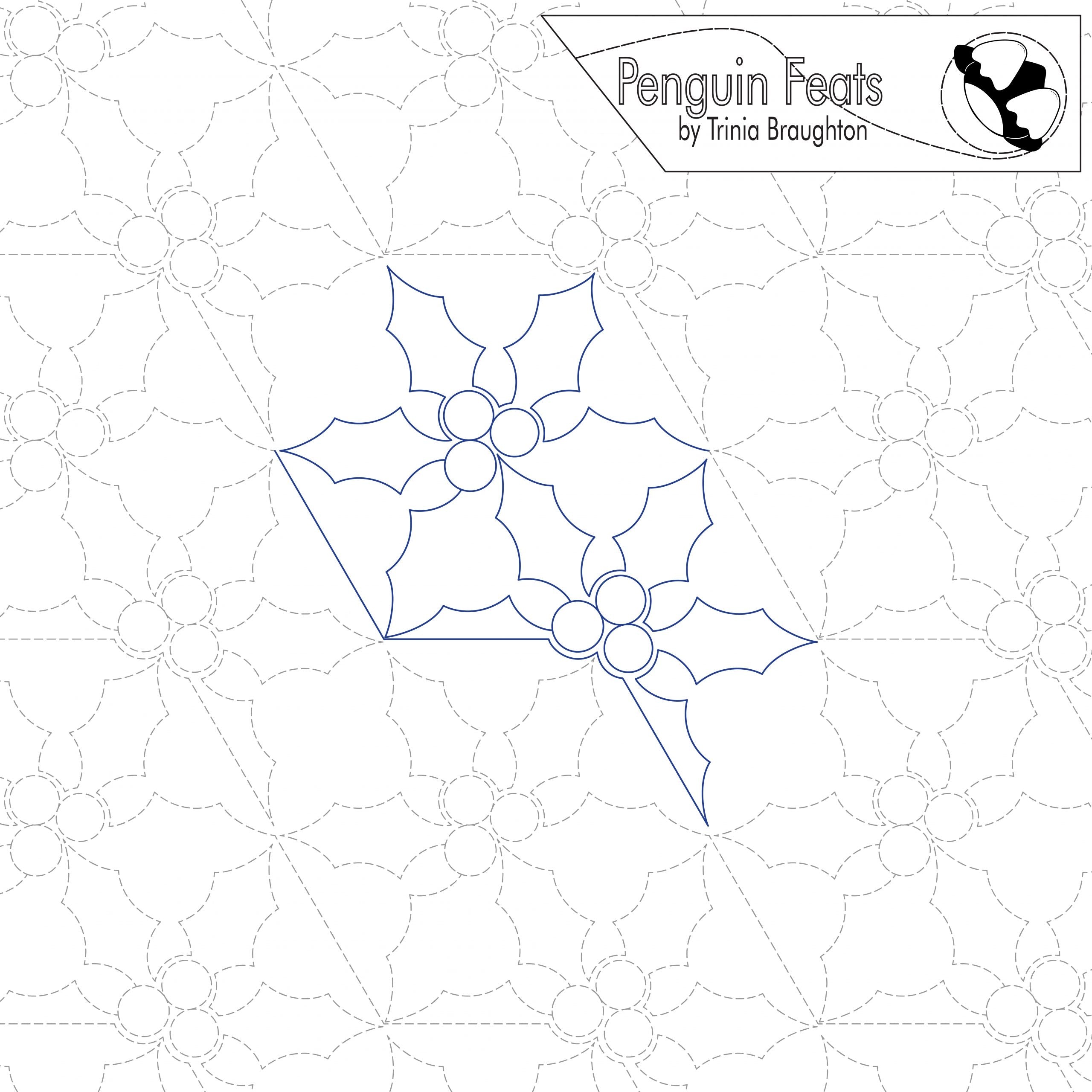 Outline of a holly leaves with berries on a geometric patterned background with 'Penguin Feats' branding.
